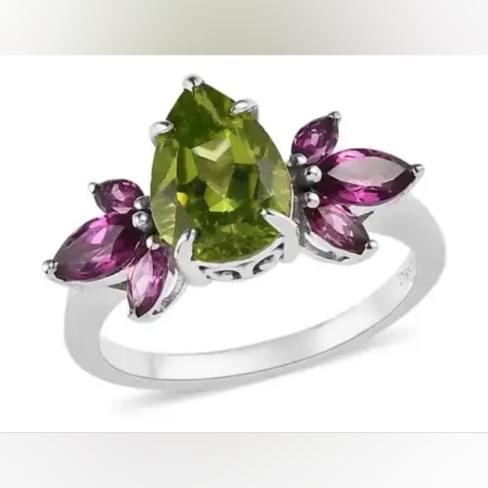 Peridot and Orissa Rhodolite Garnet Ring in Rhodium Over Sterling Silver